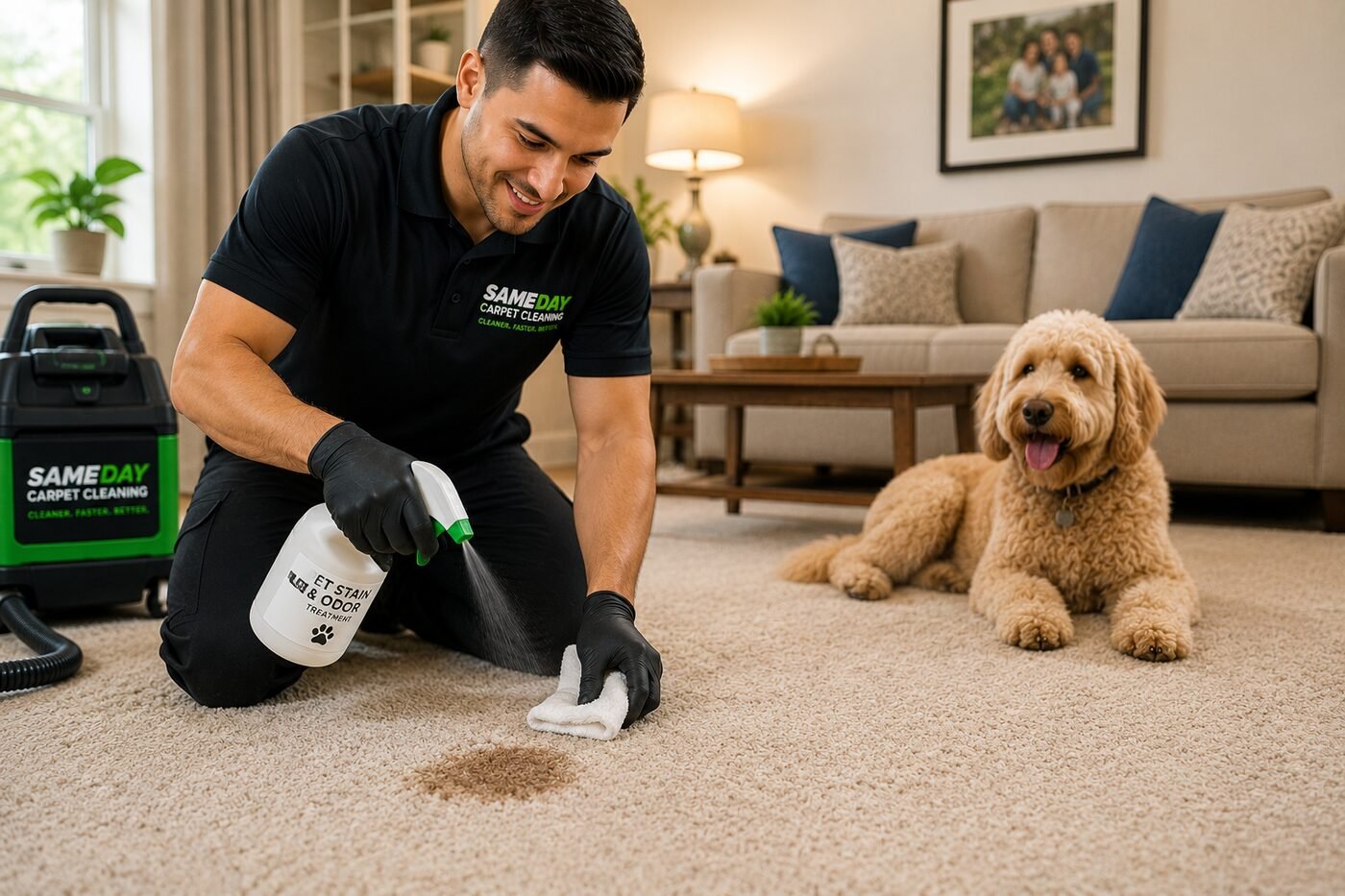 Pet stain and odor treatment on carpet