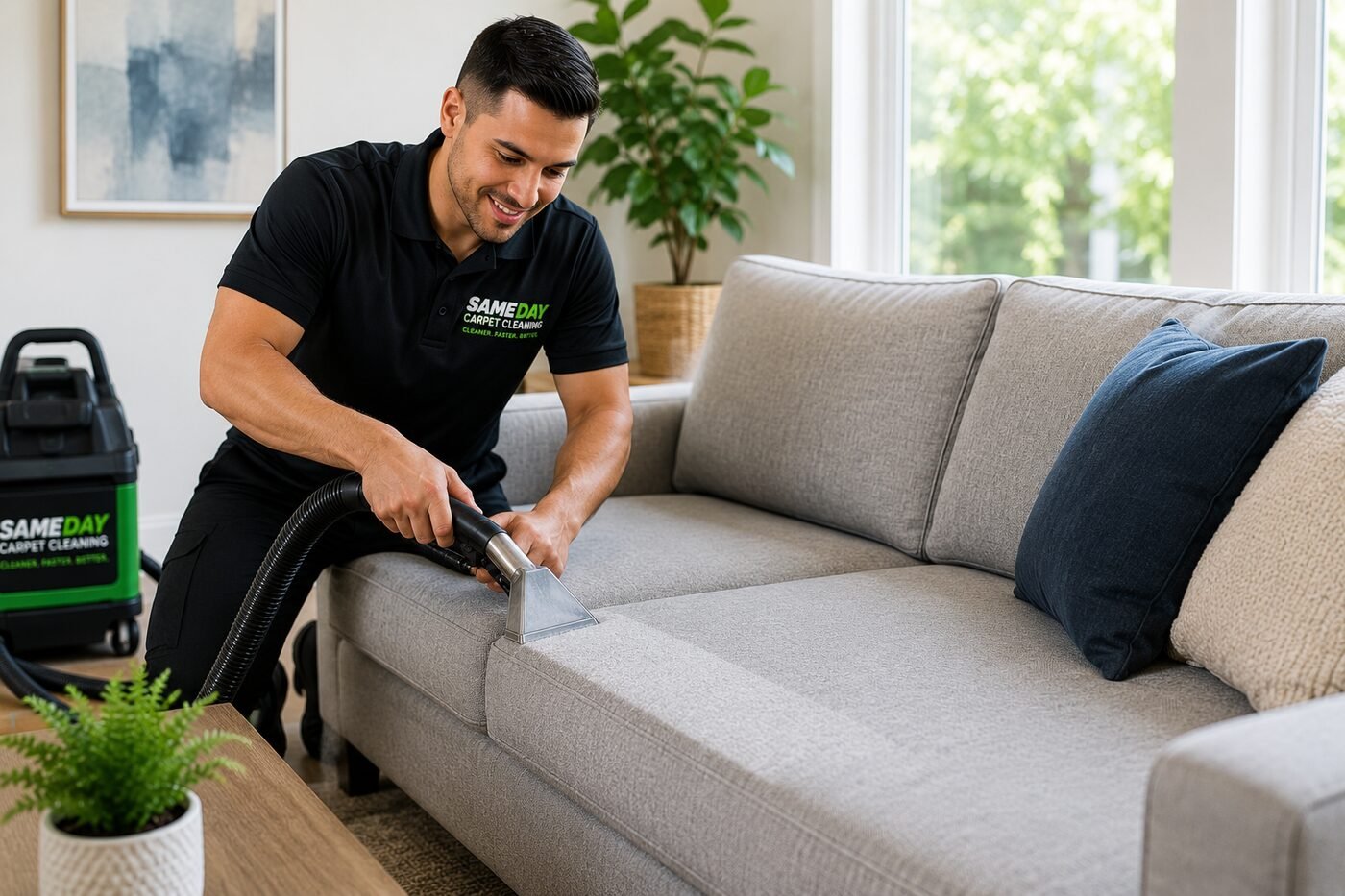 Technician deep-cleaning upholstery